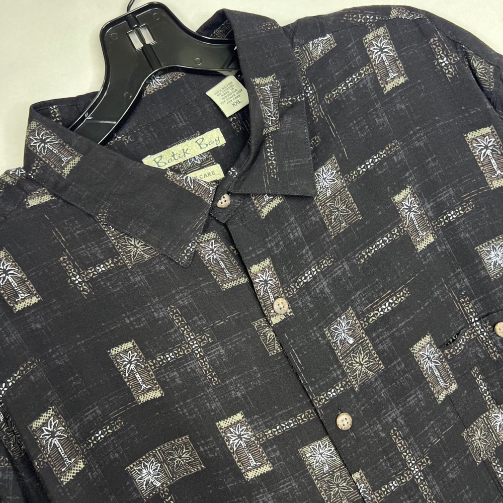 Batik Bay Black Button Down Shirt Mens XXL Rayon Palm Tree Hawaiian Cruise Beach